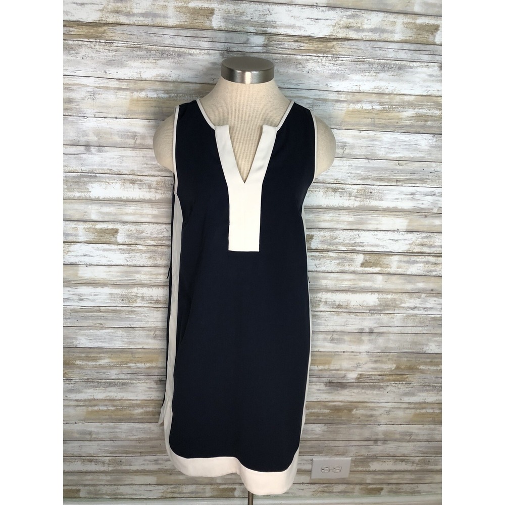 ANN TAYLOR Sleeveless‎ Shift Dress Navy Blue Cream Trim Size-M NO BELT